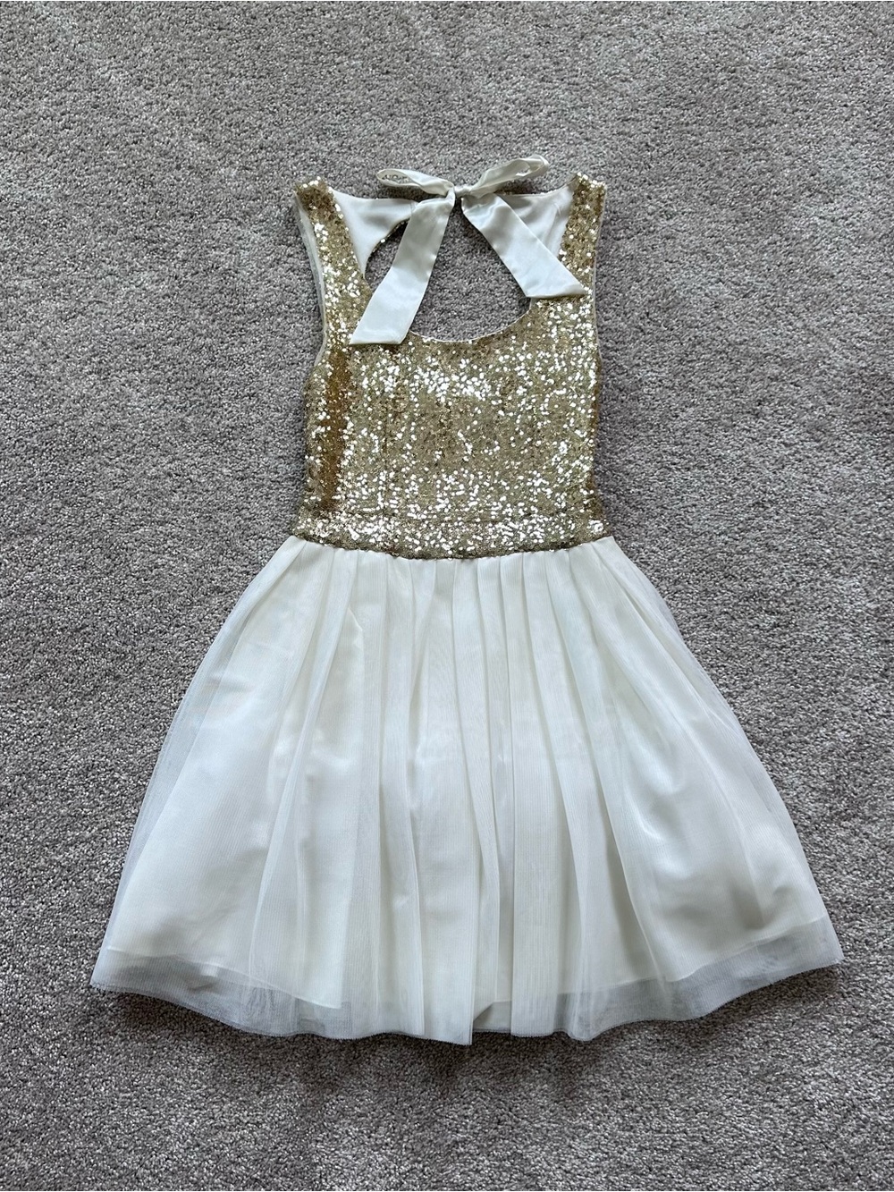 B. Darlin Girls Gold Sequin & Ivory Tulle Party Dress Bow Back Size 7/8 Juniors